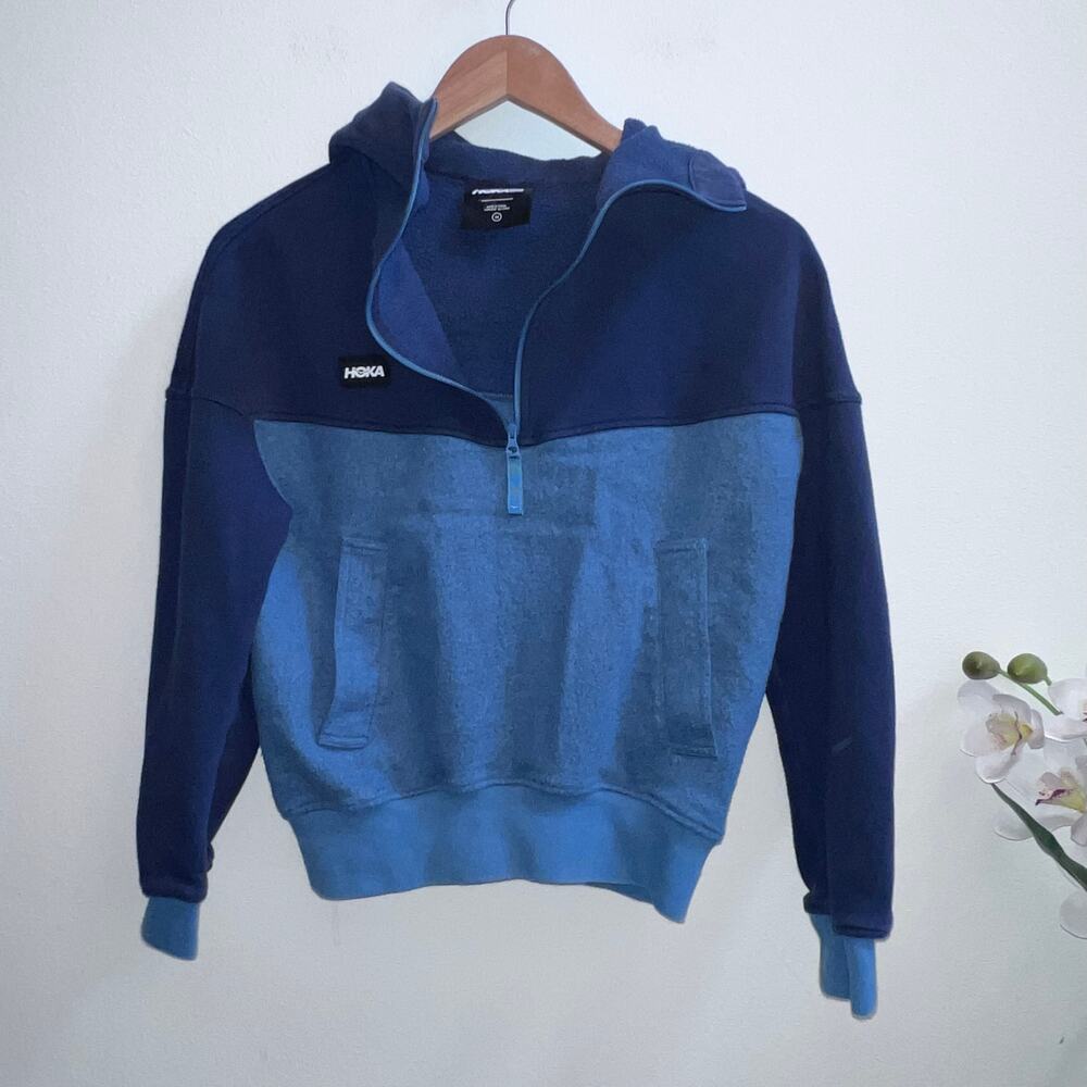 Hoka‎ One One Blue Colorblock Quarter ZIp Wool Blend Hoodie Women's Size SX